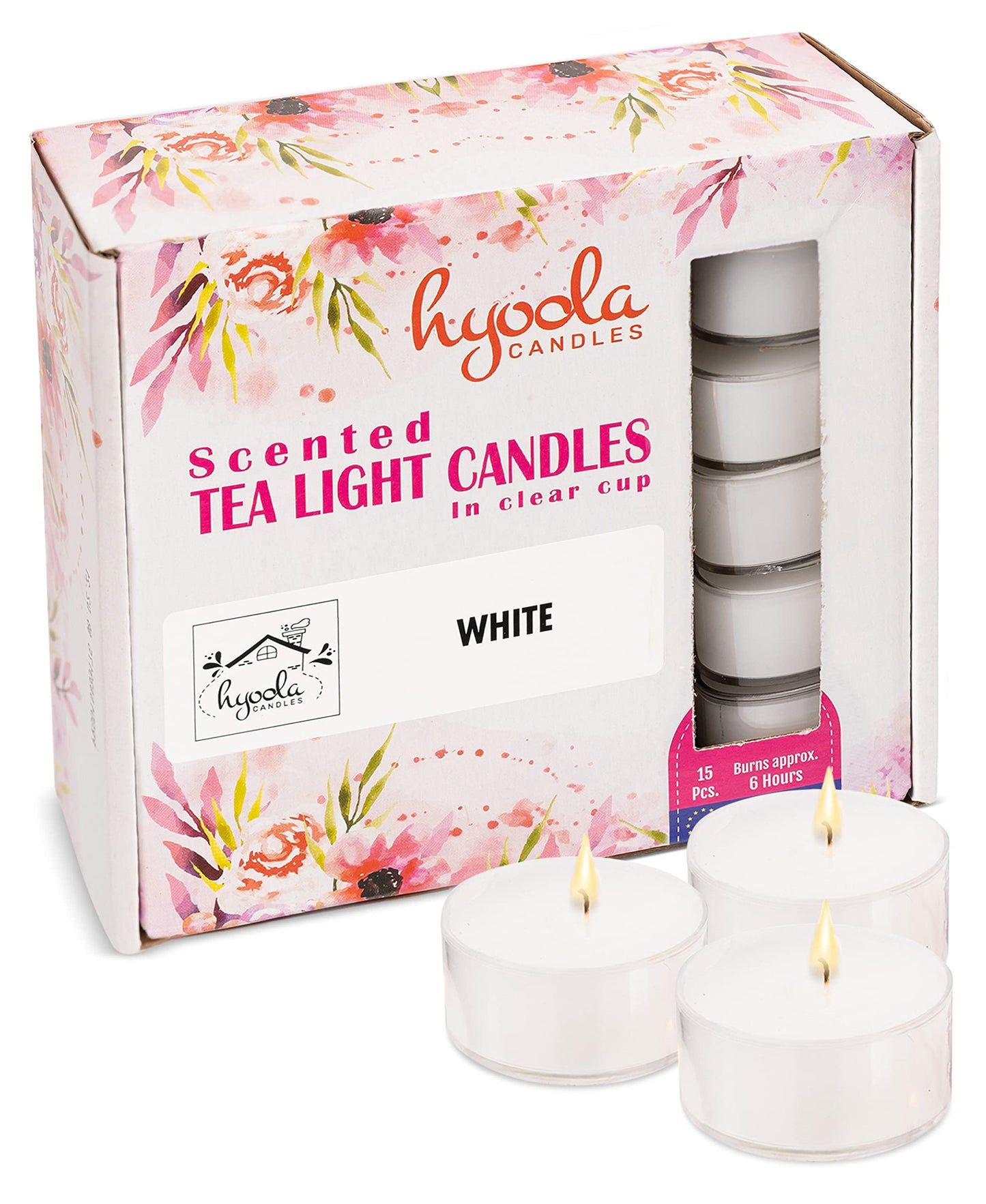 Hyoola Scented Tealight Candles - 15 Pack - Clear Cup - White - 6 Hour Burn Time - 1.9 Inch - Model H10206