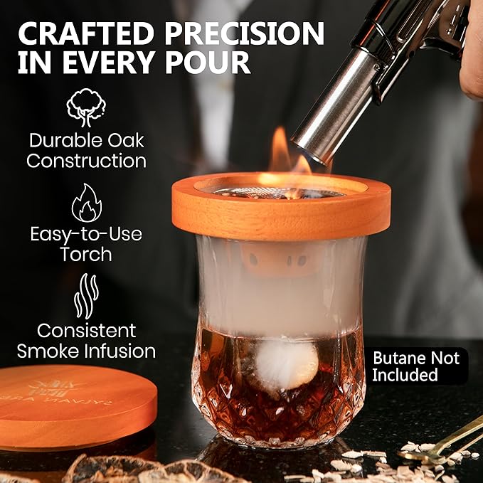 Silva Imbue Whiskey Smoker Kit with Torch – 6 Wood Chips, Oak Lid, Glasses, Ice Molds, Bar Tools & Recipe Book – Whiskey & Bourbon Cocktail Smoker Set