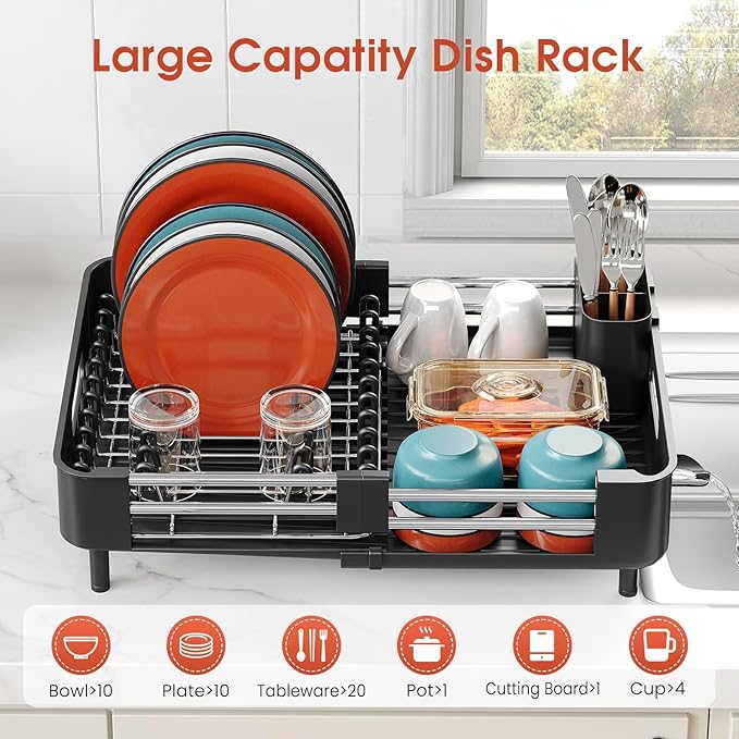 TOOLF Dish Drying Rack for Kitchen Counter, Extendable Dish Rack with Drainboard, Expandable Dish Drainer, Collapsible Dish Strainer with Cutlery Holder, Foldable Countertop Plate Rack, Dark Black