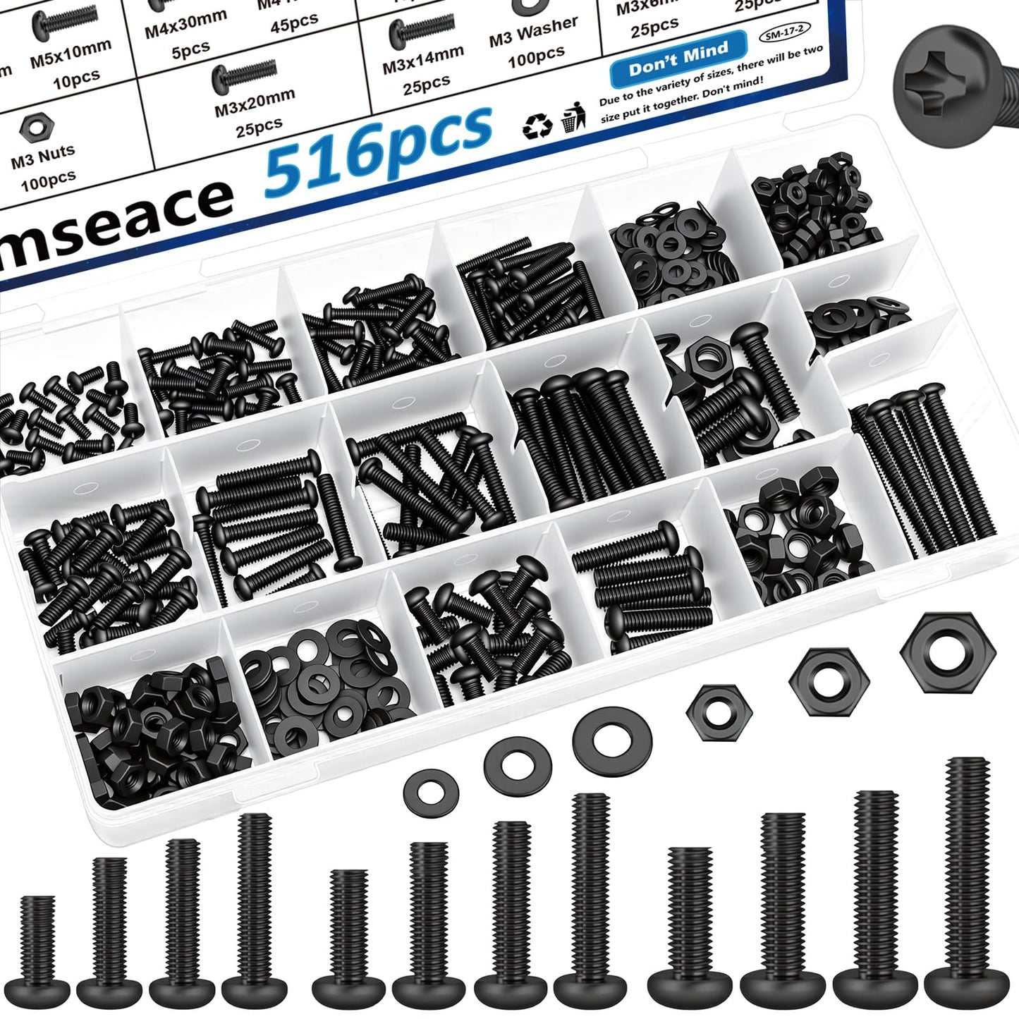 smseace 516Pcs Black Nuts and Bolts Assortment Kit 21-Sizes M3/M4/M5/M6 Nut Bolt Washer Assortment Kit for Machinery, Furniture, Automotive, Motorcycle Repairs