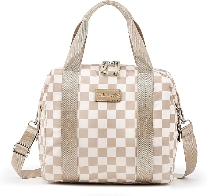 Lunch Bag Women Insulated Lunch Box,Cute Lunch bags,Reusable Large Capacity Leakproof Cooler Bag with Adjustable Shoulder Strap for Men Adult Work Office Picnic Travel Checkered Brown