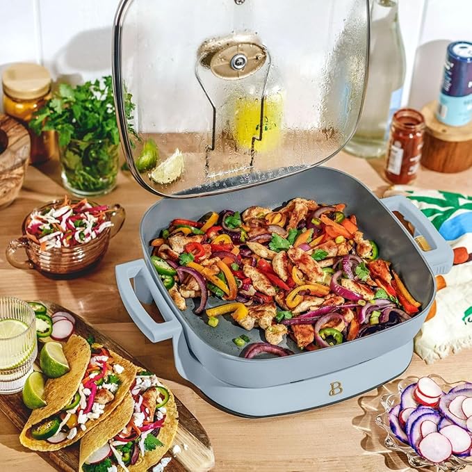 Beautiful 5-in-1 Electric Skillet 7QT, Cast Aluminum Extender, Nonstick, 1500W, Dishwasher-Safe Lid, Slow Cook, Steam (Cornflower Blue)