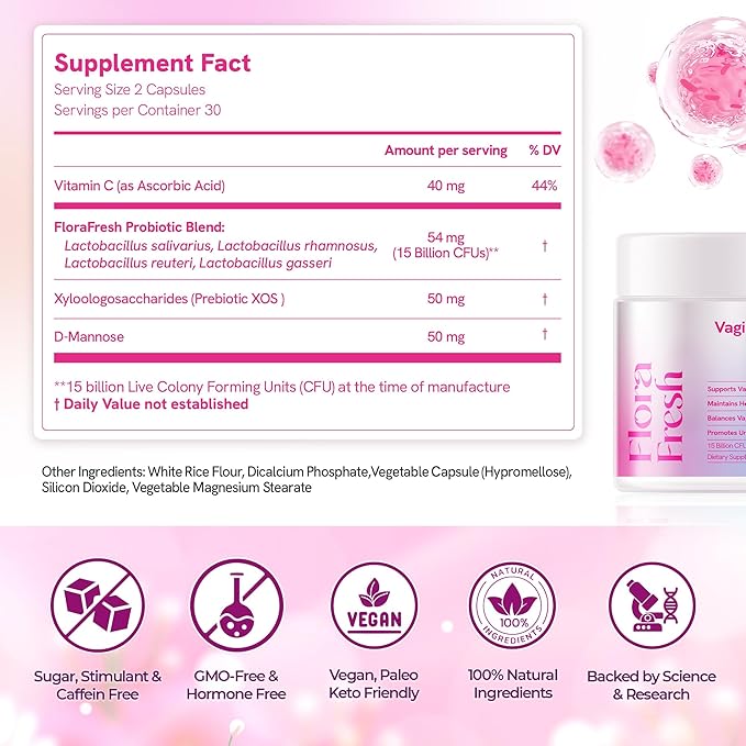 Vaginal Probiotics for Women Vaginigal Health, Prebiotic + Probiotic, 15 Billion CFUs, 60 Capsules - Clinically Tested for UTI Prevention, pH Balance & Vaginal Flora Wellness