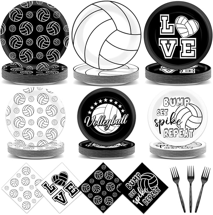 96Pcs Volleyball Birthday Party Decorations Volleyball Paper Plates Napkins Sports Themed Dessert Cake Tableware Set Black...