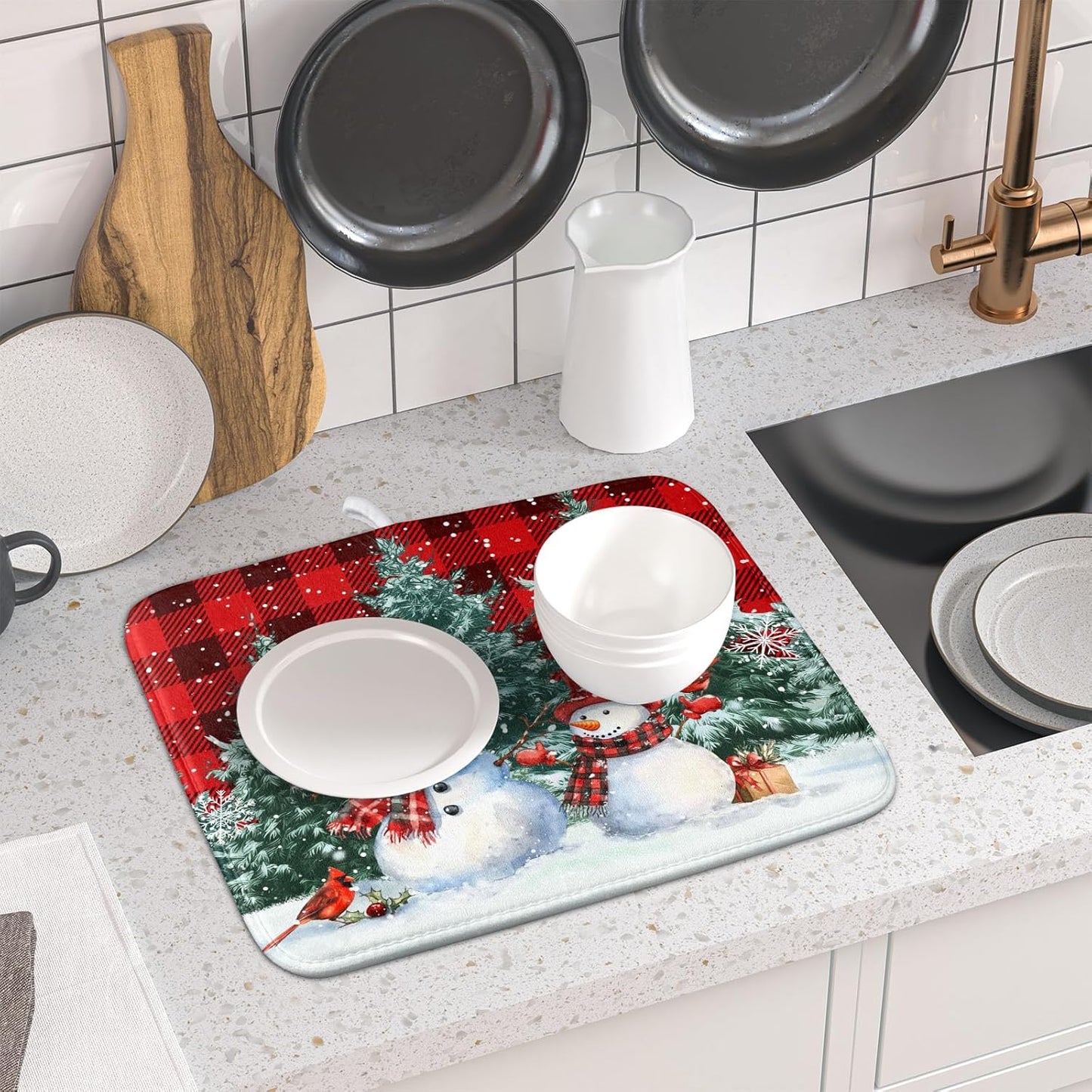 Christmas Snowman Dish Drying Mat for Kitchen Counter Xmas Trees Snowflake Buffalo Plaid Drying Mat 16x18 Inch Winter Holiday Absorbent Dish Drainer Mat Christmas Kitchen Accessories