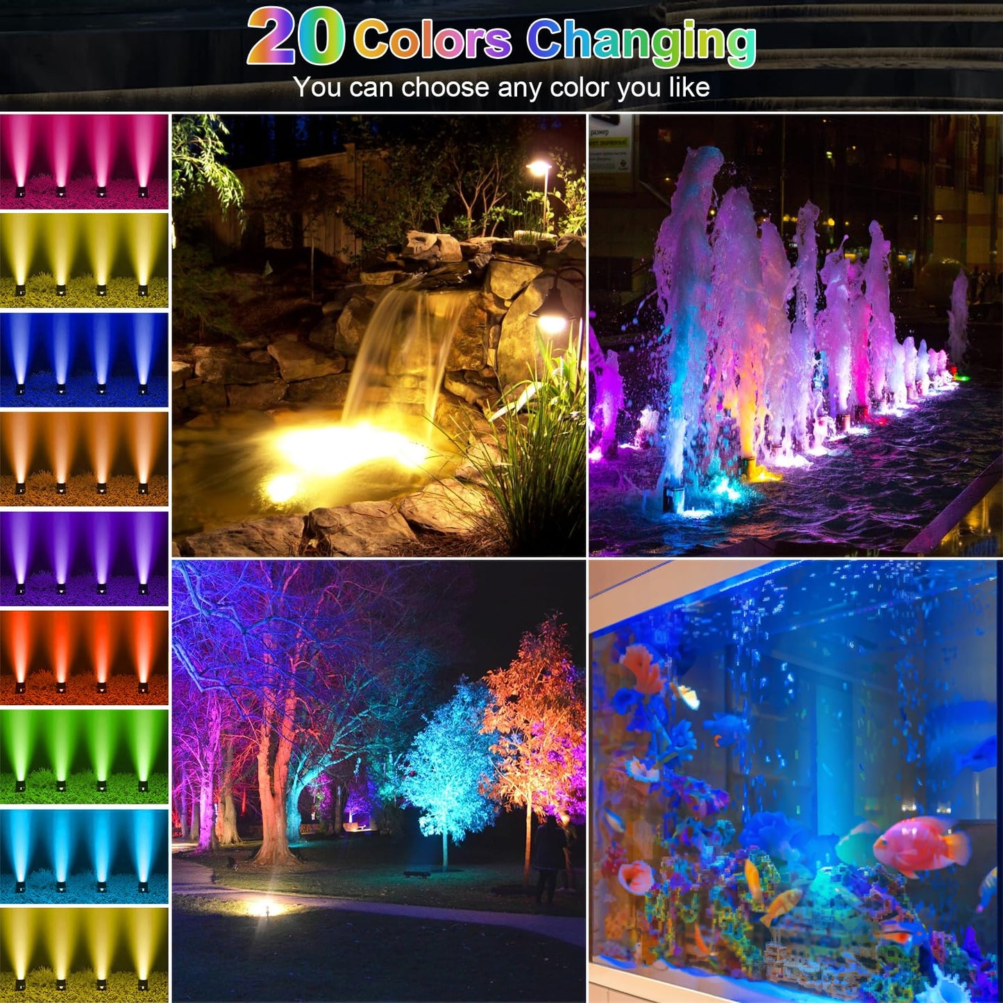 Srygery RGB Underwater Pond Lights, 20 Colors Dimmable, IP68 Waterproof, Remote Control, Set of 4, Black, Model BSV-RL504C