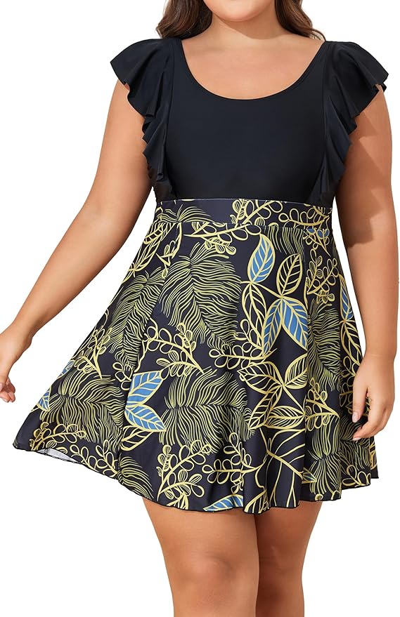 Smismivo Women Plus Size Swim Dress One Piece Bathing Suits Built in Shorts Tummy Control Swimdress