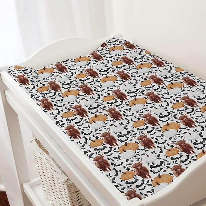 Highland Cows Pumpkin Leaves Baby Changing Pad Covers Highland Yak Halloween Bats Diaper Changing Table Sheets for Girl Boy Autumn Fall Soft Breathable Stretch Change Table Mats 32''x16''