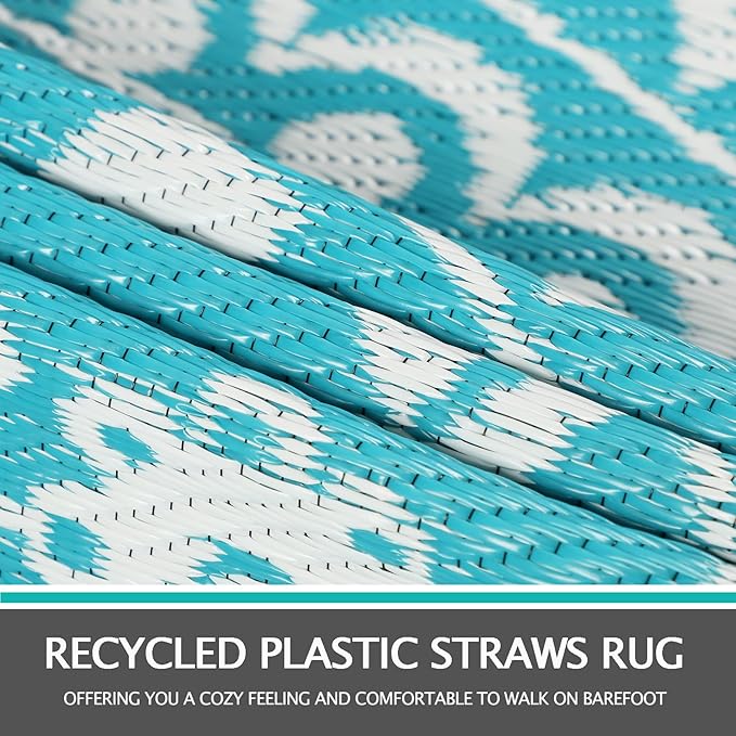 Capslpad 8Ft Round Outdoor Rug for Patio Clearance Boho Reversible Mat Waterproof Outdoor Plastic Straw RV Camping Rug Outside Circle Area Rug for Porch Deck Terrace Picnic Beach Apartment, Teal