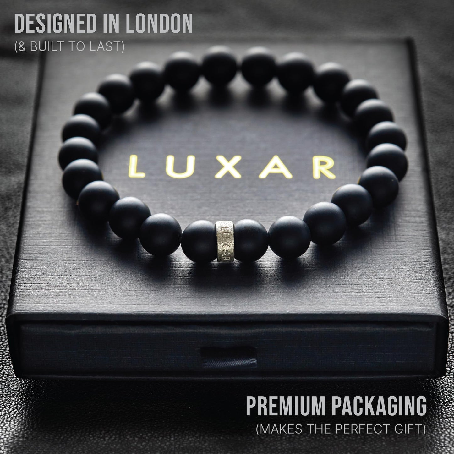 LUXAR Mens Black Onyx Stone Bead Bracelets | Matte Black 8mm Stone | Minimalist, Designer Jewelry for Men (925 Silver, Small)