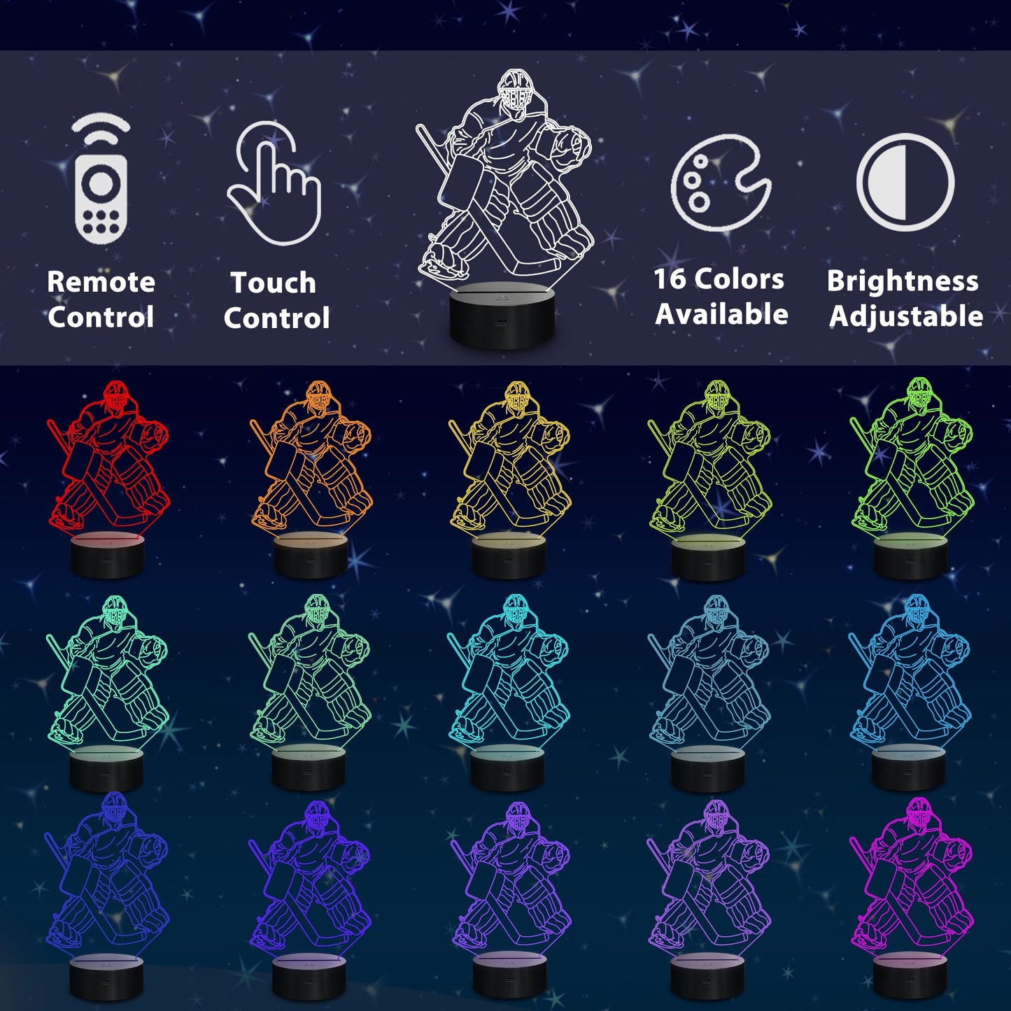 Lampeez 3D Ice Hockey Player Night Light - Multicolored Acrylic With Remote Control, Model Fs-2810-9999, Perfect Gift For Kids