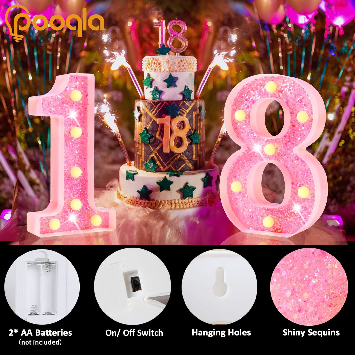 Pooqla Marquee Number Light - Battery Powered Pink Number 4 for Birthday, Wedding, Home Bar Decoration