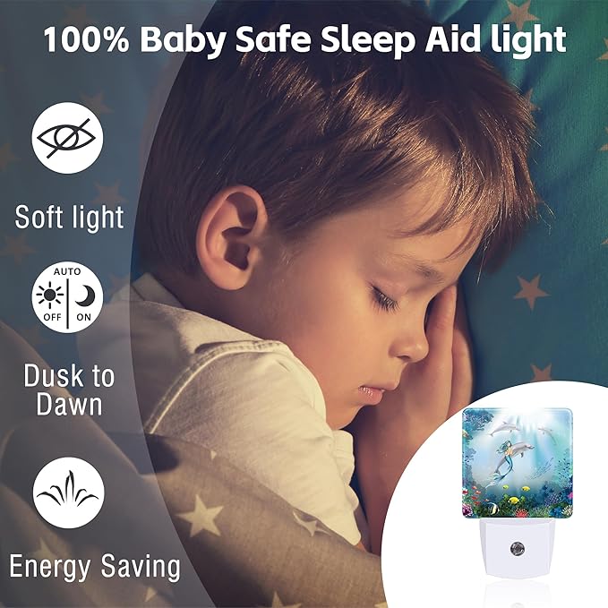 Cute Dolphins with Mermaid Night Light, Underwater World Marine Fish Corals Dusk to Dawn Night Light Plug in,0.5w Energy Saving Sleep Friendly NightLight for Kids Boys Girls Home Decor