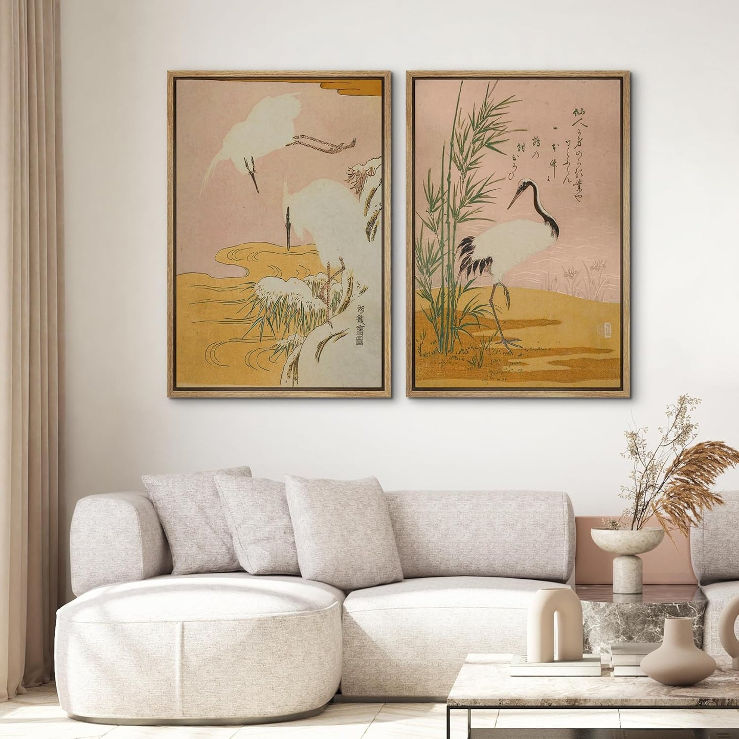 SIGNWIN Framed Canvas Print Wall Art Set Japanese Crane Vintage Style Bird and Bamboo Illustrations Modern Art Rustic Minimal for Living Room, Bedroom, Office - 16"x24"x2 Natural