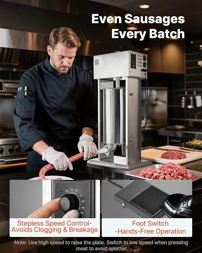 VEVOR Electric Sausage Stuffer, 33 LBS / 15 L Vertical Meat Stuffer, Stepless Speed Control and Foot Pedal, Stainless Steel Heavy Duty Sausage Filler with 4 Stuffing Tubes, for Commercial & Home Use