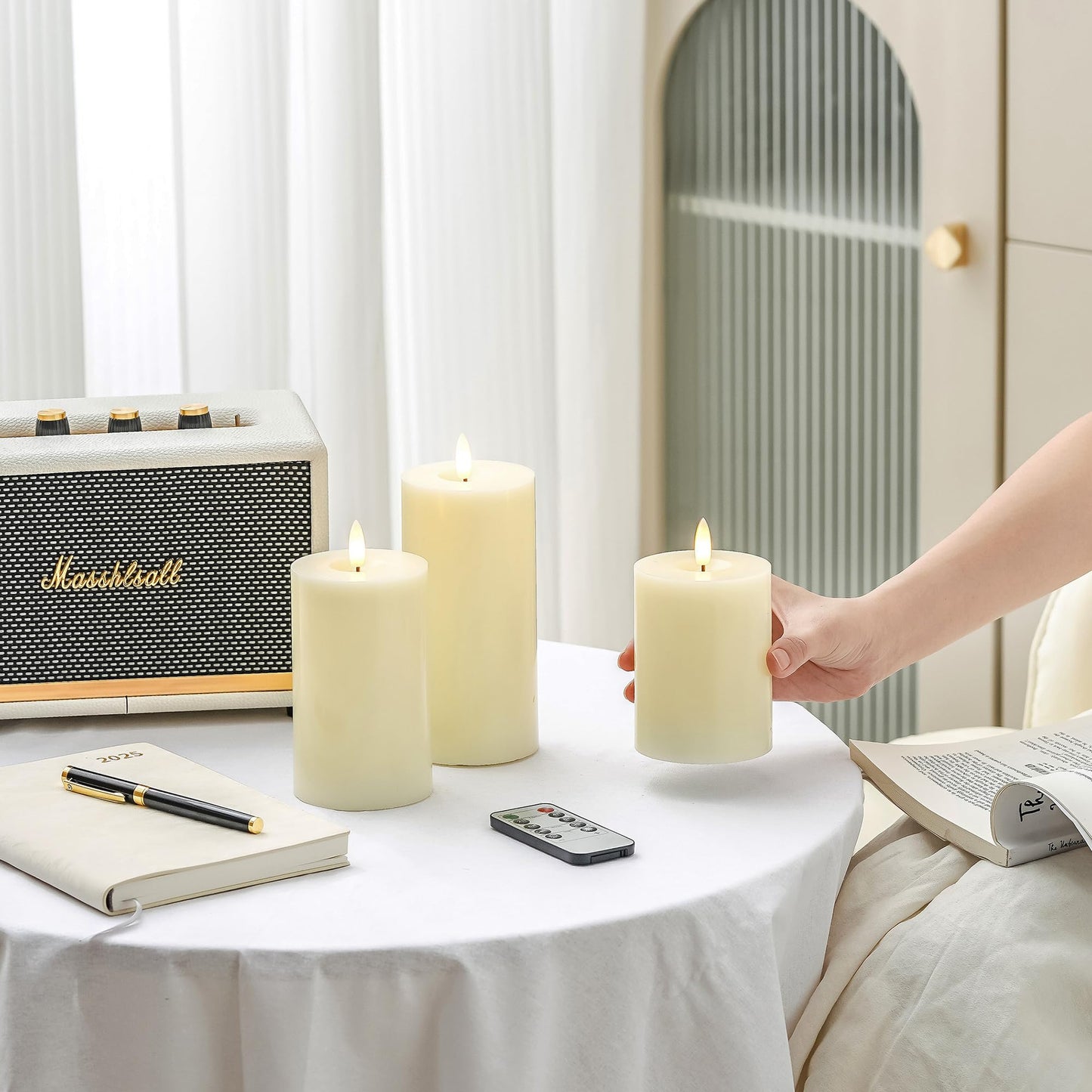 Stmarry Ivory Flameless Candles with Remote and Timer, Real Wax Made LED Pillar Candles Battery Operated with 3D Flickering Flame - 3" x 4", 3" x 5", 3" x 6" - Set of 3