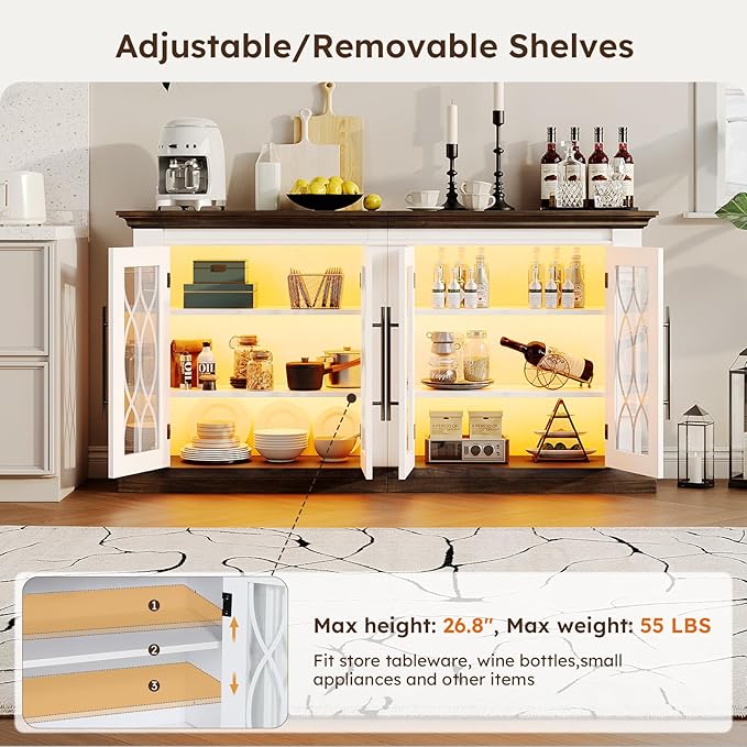 60 inch Farmhouse Buffet Sideboard Cabinet with 4 Glass Doors, Coffee Wine Bar Storage Cabinet with LED Lights, Buffet Table with Adjustable Shelves for Dining Room, Kitchen, Living Room