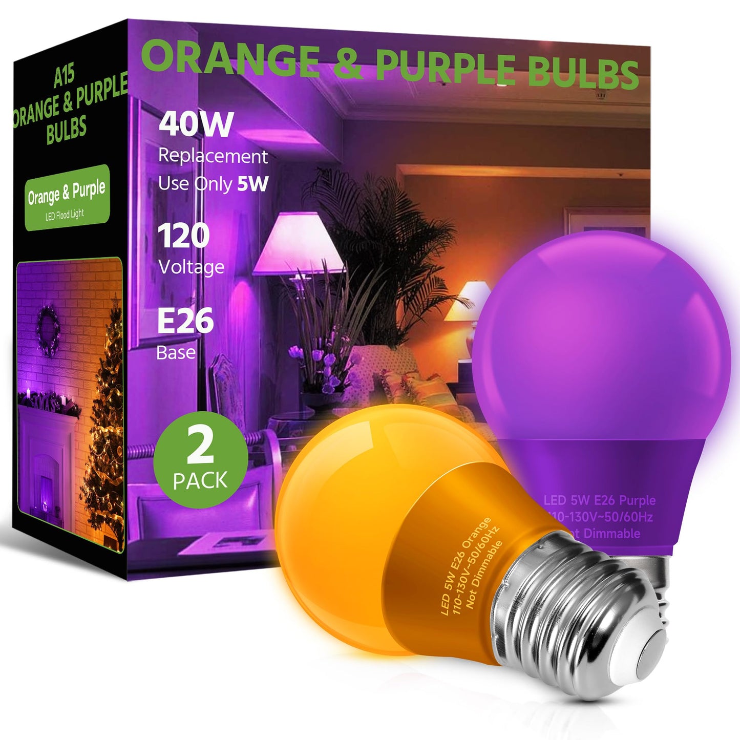 LEDERA LED A15 Bulb, 5W Orange Purple Light, 40W Equivalent, E26 Medium Base, Pack of 2 for Halloween & Holiday Lighting