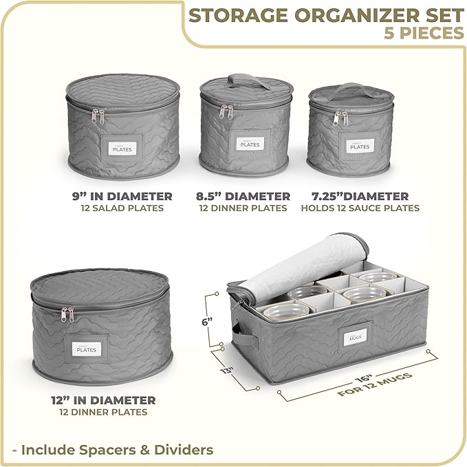 Sorbus China Storage Containers - 5 Pc Quilted Set for Moving & Transporting Dinnerware, Dishes, Round Plates, Glassware, Cups & Mugs with Felt Plate Protectors - Fine China Glass, Plate Storage Cases
