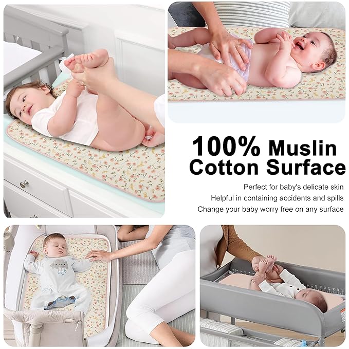 Baby Diaper Changing Pad, 19.7"x25.6" Waterproof Changing Pad Liners with 100% Muslin Cotton Front Top and Leather Back, Soft and Absorbent Portable Changing Mat for Travel, Changing Station
