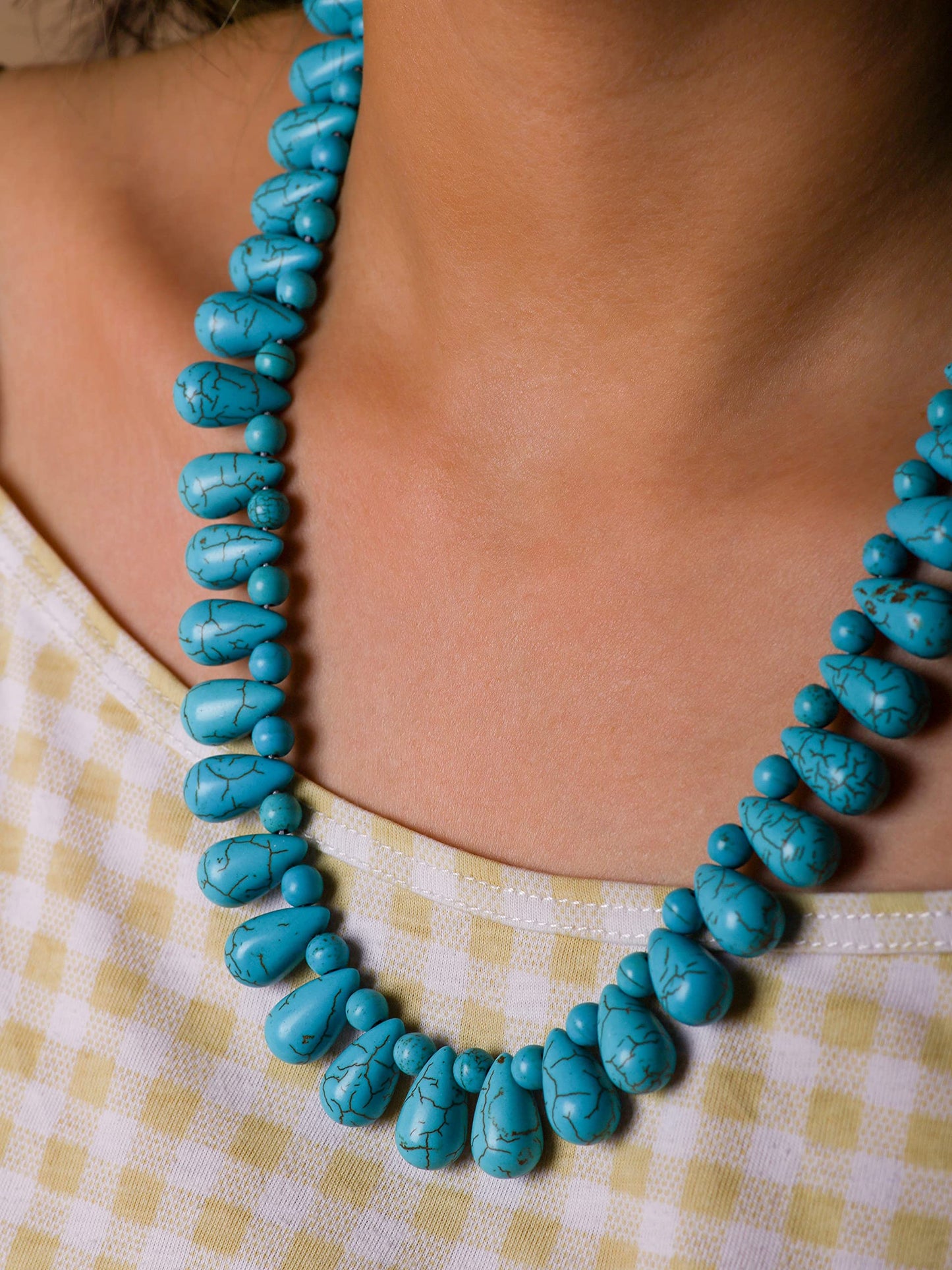 MINACHI Bohemian Chunky Vintage Created Turquoise Teadrop Beads Necklace, Boho Summer Statement Jewelry Gift for Women