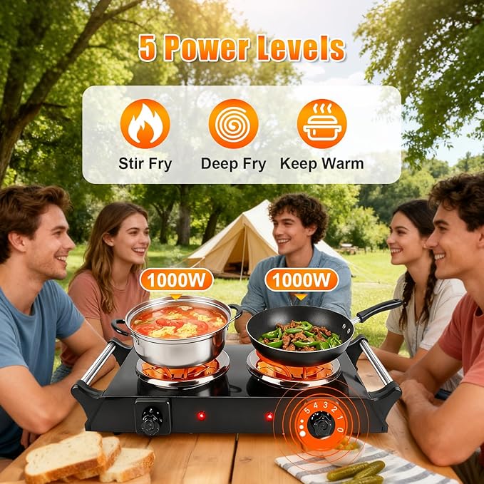 Double Hot Plate, 2000W Portable Countertop Burner & Electric Stove, 5-Level Temp, Portable Handle, Cast Iron Double Burner Cooktop for Home/RV/Camping (Black)