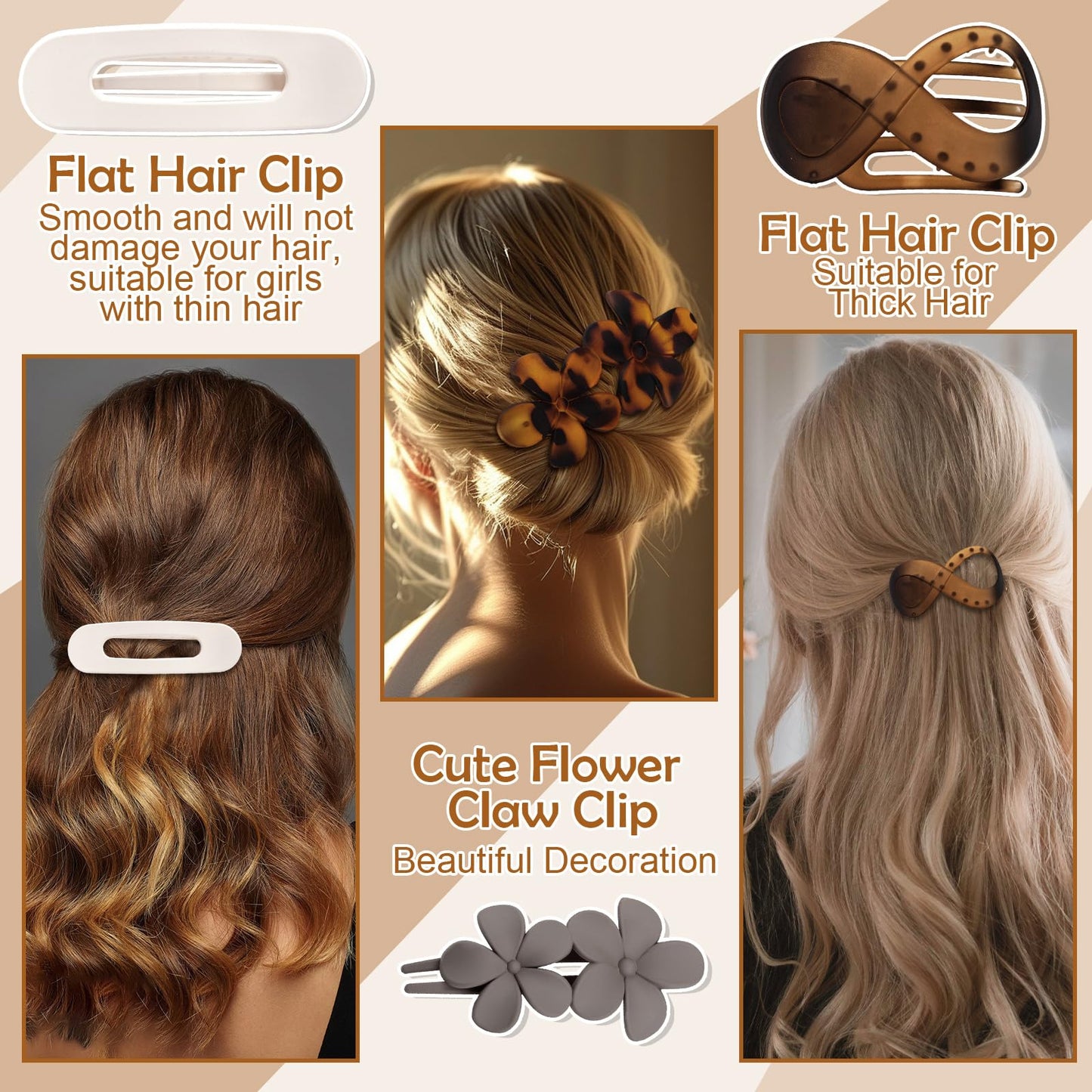 12 Pcs Flat Hair Clips for Women, Lay Flat Claw Clips French Concord Hair Clips, 3 Styles No Slip Matte Claw Clips for Thin Thic
