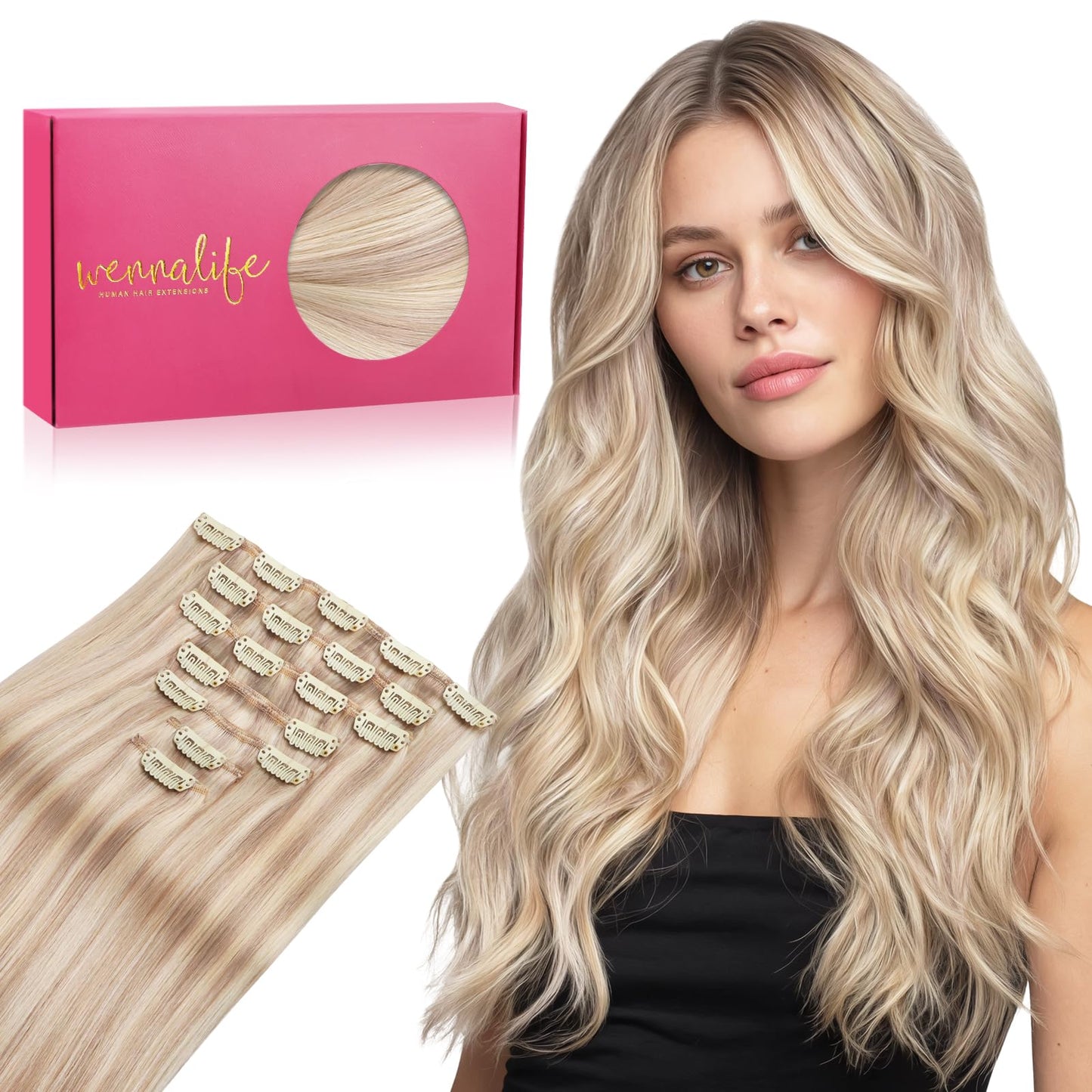 WENNALIFE Clip in Hair Extensions Real Human Hair, 16 Inch 120g 7pcs Balayage Light Wheat Platinum Blonde Remy Hair Straight Nat