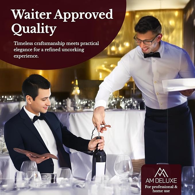 Premium AM DELUXE Waiter Corkscrew Wine Opener - Wine Key For Servers Bartenders, Heavy Duty Stainless Steel With Rosewood Inlay, Serrated Foil Cutter, Cork Screw Wine Bottle Opener, Magnetic Gift Box