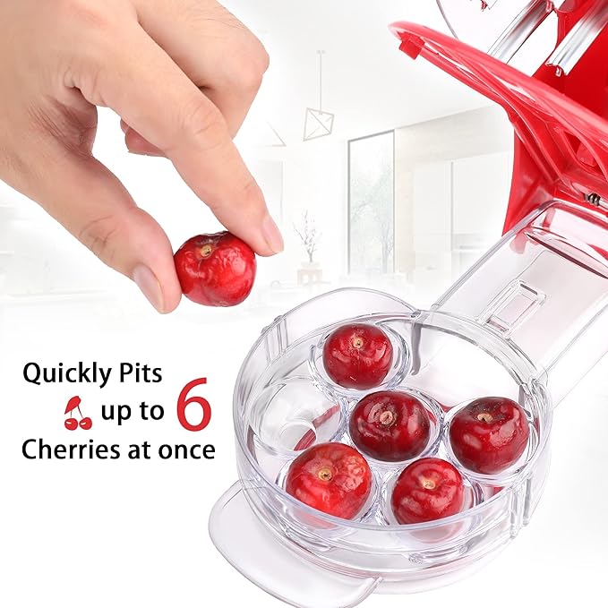 Cherry Pitter Tool - Pit 6 Cherries at Once, Mess-Free Cherry & Olive Pitter with Tray, 304 Stainless Steel Multi Pitters for Fast Prep & Easy Cleanup