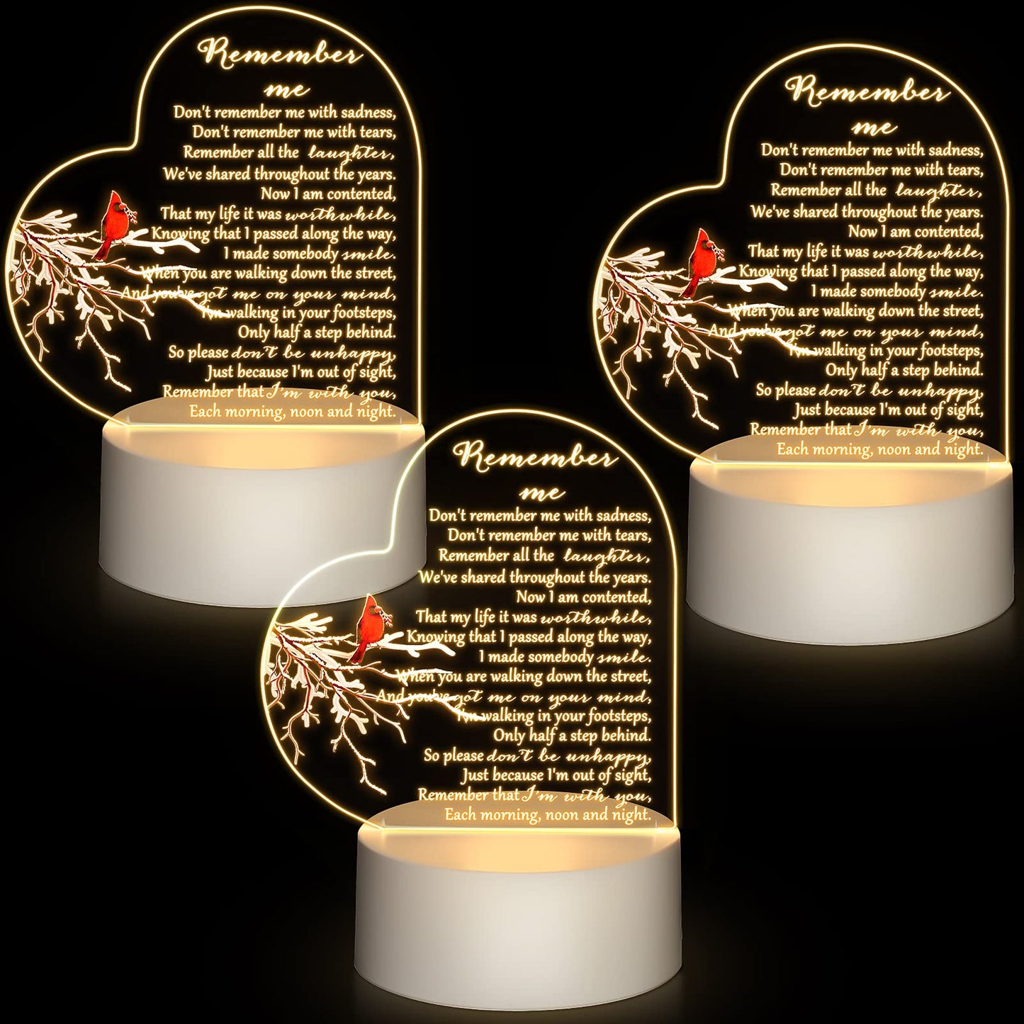 Roowest 3 Pack Sympathy Gift Memorial Night Light Gifts for Loss of Loved One Remember Me Acrylic Heart Sign with USB Charging B