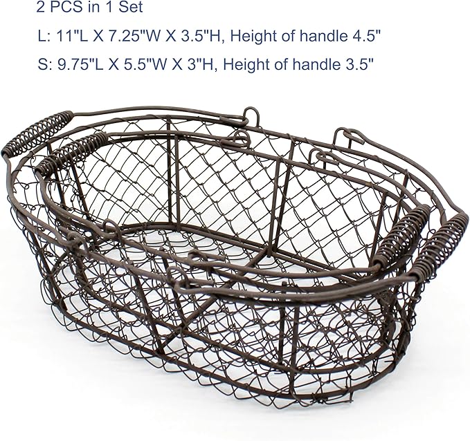 CVHOMEDECO. Oval Metal Wire Egg Basket Wire Fruit Basket with Handle Primitives Vintage Style Storage Basket. Rusty, Set of 2