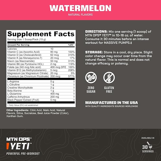 MTN OPS Yeti Pre-Workout Powder Energy Drink with Creatine, 200mg Caffeine & BCAAs with Beta Alanine, 30-Serving Tub, Watermelon