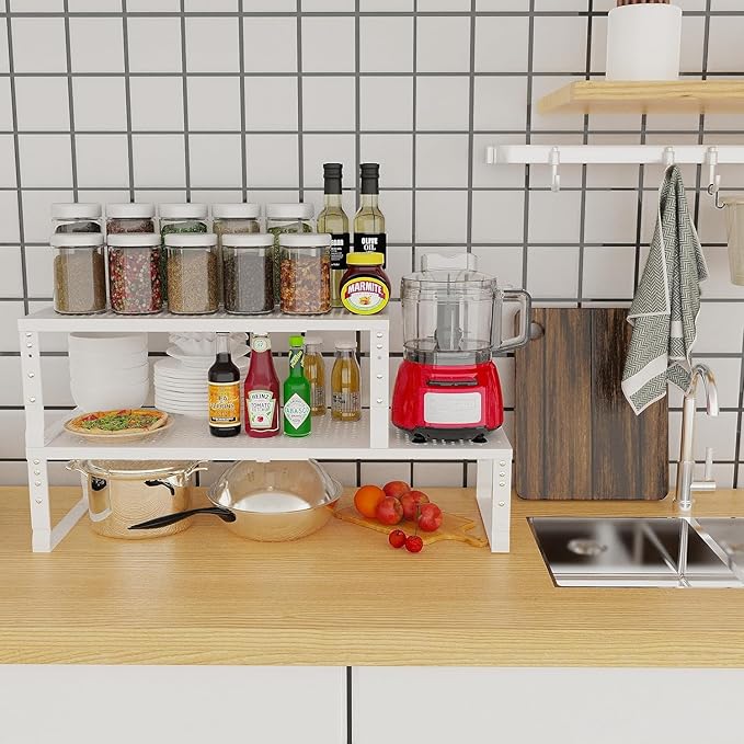 Expandable Cabinet Shelf Organizer Storage Spice Rack Shelves for Kitchen Stackable Adjustable Pantry Cupboard Bathroom Countertop Desktop(2Packs/White/Large-with Hole)