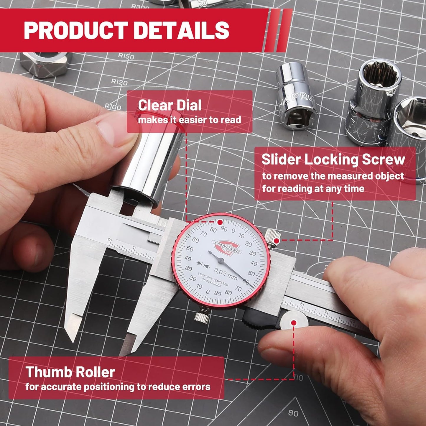 Metric Dial Caliper Measuring Tool 0-150mm Range, Analog Precision Caliper ±0.02mm Accuracy, Manual Mechanical Metal Stainless Steel Measuring Dial with 4-Way Measurements