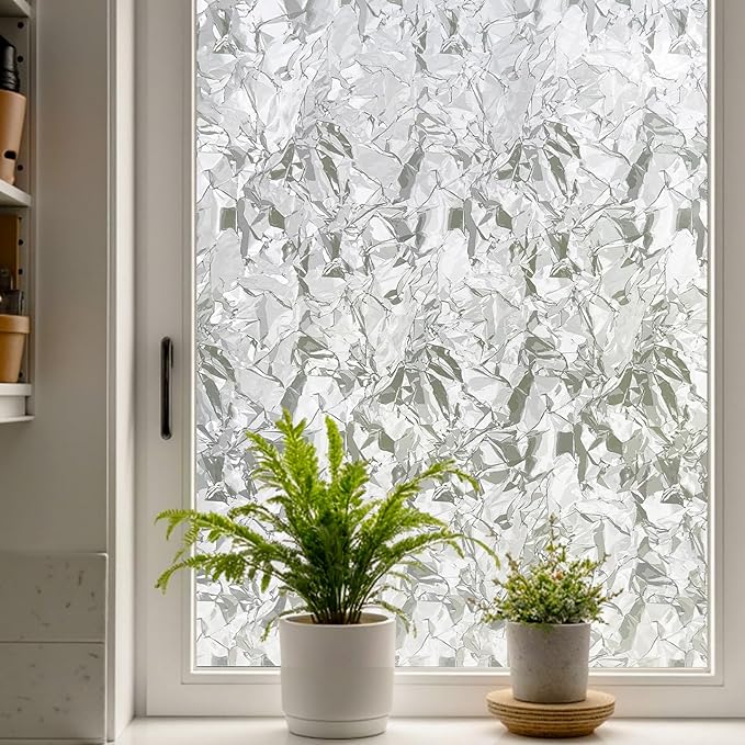 Window Privacy Film, Removable Static Cling, Stained Glass Decorative Window Film, Vinyl Covering for Home Kitchen Living Room, Brash ice, 17.3" x 78.7"