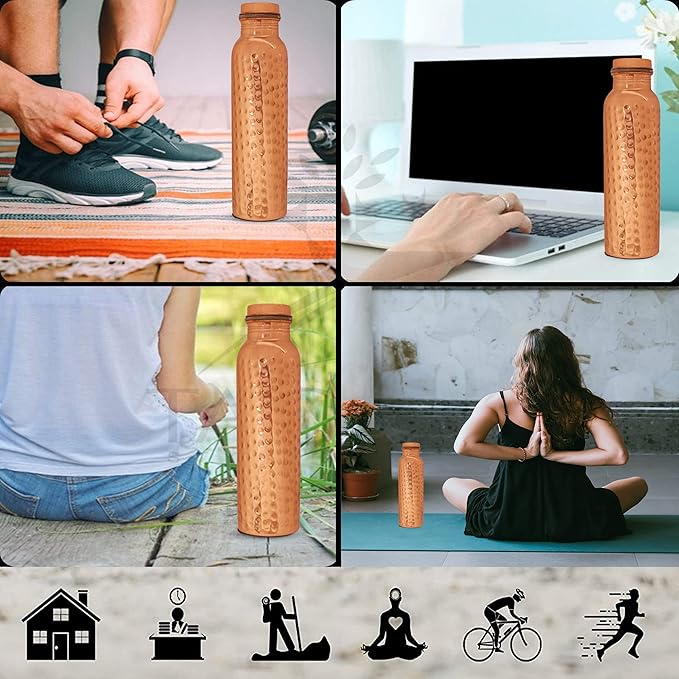Pure Copper Water Bottle - Handcrafted - Ayurveda health benefits - Large 35 oz - Leak proof, Easy to carry for Sports, Fitness, Yoga, School - Natural Hammered Beaten Copper Finish