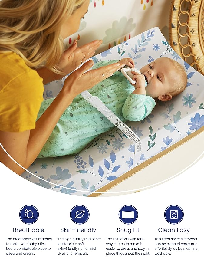 TotAha Premium Stretchy Changing Pad Covers (2-Pack)-Hypoallergenic, Silky Comfort, Buttery Soft, Calming Effect, All-Season Jersey-Knit 32 X 16 X 5''(Blue Flower & Small Floral)