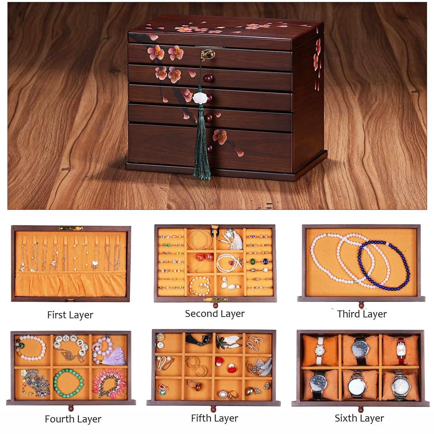 Xloverise Vintage Wooden Jewelry Boxes with Lock & Key - Hand-Painted Large Jewelry Organizer, 6-Layer jewelry organizers and st