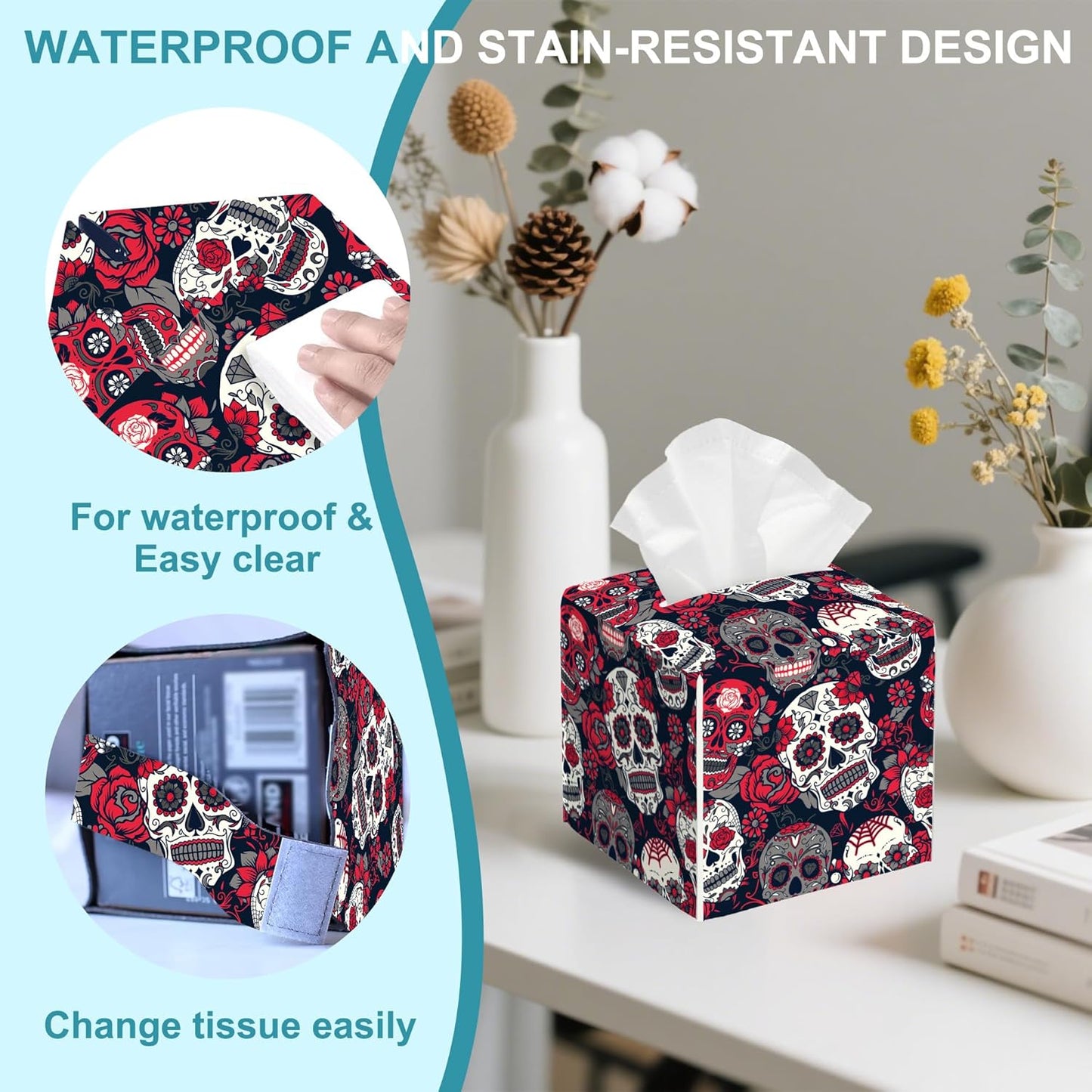 Colorful Sugar Skull Leather Tissue Holder,Red Roses Floral Square Tissue Box Cover,Modern Decorative Facial Tissue Paper Cover for Car Bedroom Vanity Desk Office Table Top,5.2" x 5.2" x 5.2"