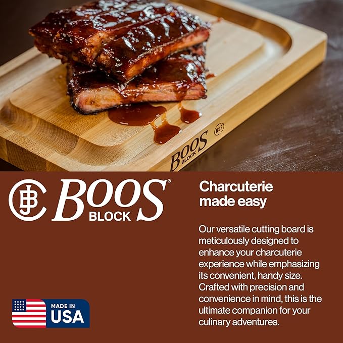 John Boos Chop-N-Slice Series Rectangular Wooden Maple Cutting Board 12”x8” – 1” Thick, 3-lb Reversible Butcher Block with Eased Corners, Juice Groove & Edge-Grain – Made in the USA