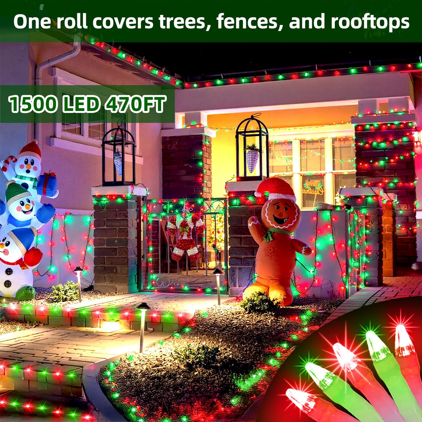 1500 Led Chrstmas Lights  470Ft Outdoor Christmas String Lights With 12 Modes  Red & Green Led String Lights With Timer Dimmable Waterproof For Tree Fence Garden Xmas Wedding Party Decor Red & Green