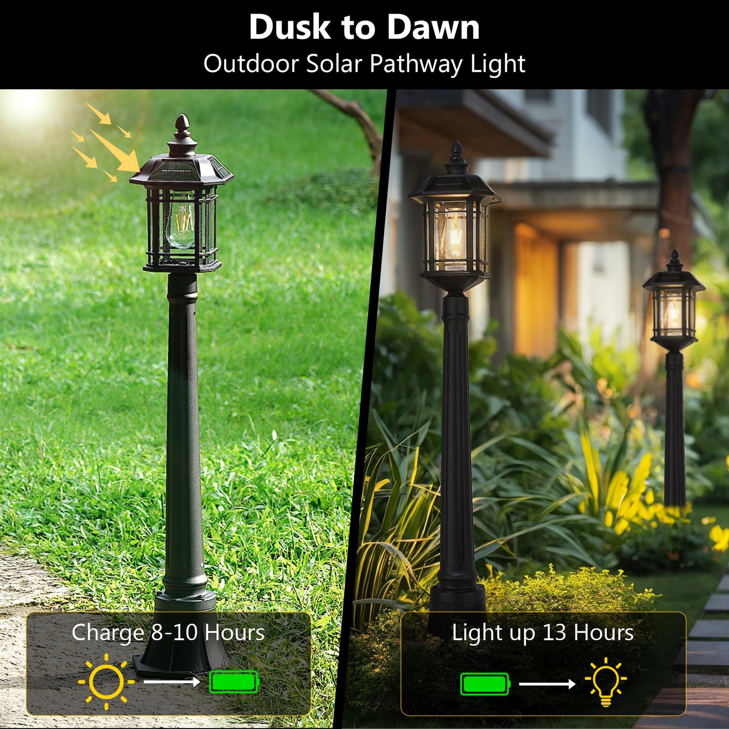 Emliviar Solar Powered Post Light, Remote Control, Dusk to Dawn LED, 40.9 Inch, Black, Model 2084PL-SL BK