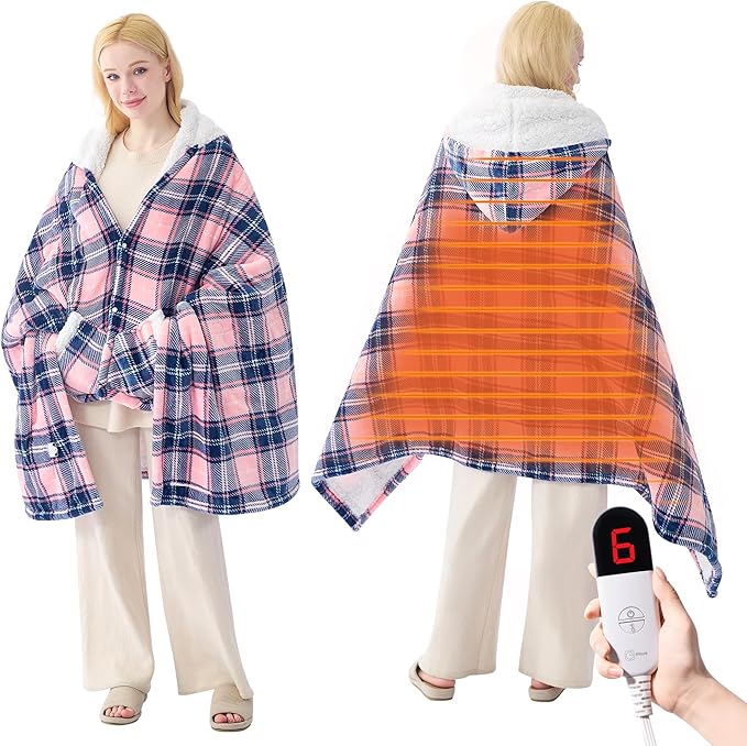 PTQ Electric Blanket Wearable Heated Shawl with Hood & Pockets – 6 Heat Settings, 4H Auto-Off, Flannel & Sherpa Reversibl...