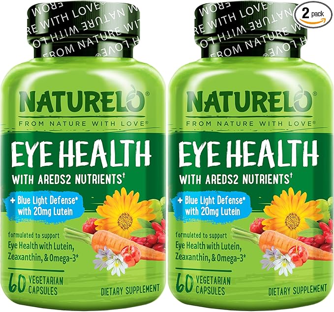 NATURELO Eye Vitamins - AREDS 2 Formula Nutrients with Lutein, Zeaxanthin, Vitamin C, E, Zinc, Plus DHA - Supplement for Dry Eyes, Healthy Vision, Eye Support - 60 Vegan Capsules (Pack of 2)