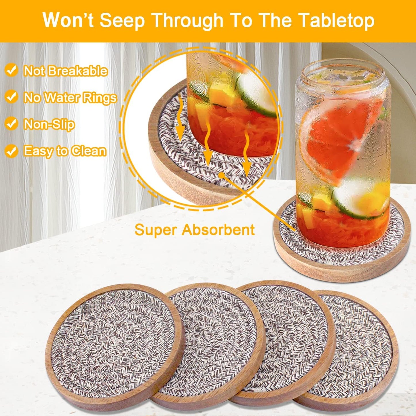 5 Pack Absorbent Coasters for Drinks, 4.3 Inches Cork for Coffee Tables, Wooden Drink Protection, Cute for Kitchen, Farmhouse, and Office (Dark Brown Series)