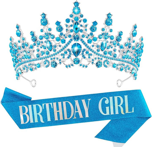 VELSCRUN Birthday Tiara Crowns for Women Girls Crystal Birthday Girl Headband Sash Elegant Princess Crown Happy Birth Part...