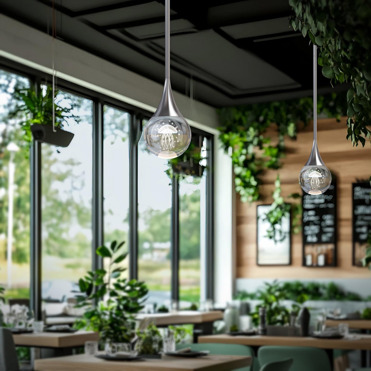 3-Pendant Lights Kitchen Island  Chrome Silver Crystal Globe Ceiling Hanging Light Fxitures  Led Lamp Metal Rod Ceiling Jellyfish Pendant Lighting For Kitchen Dining Room Bar