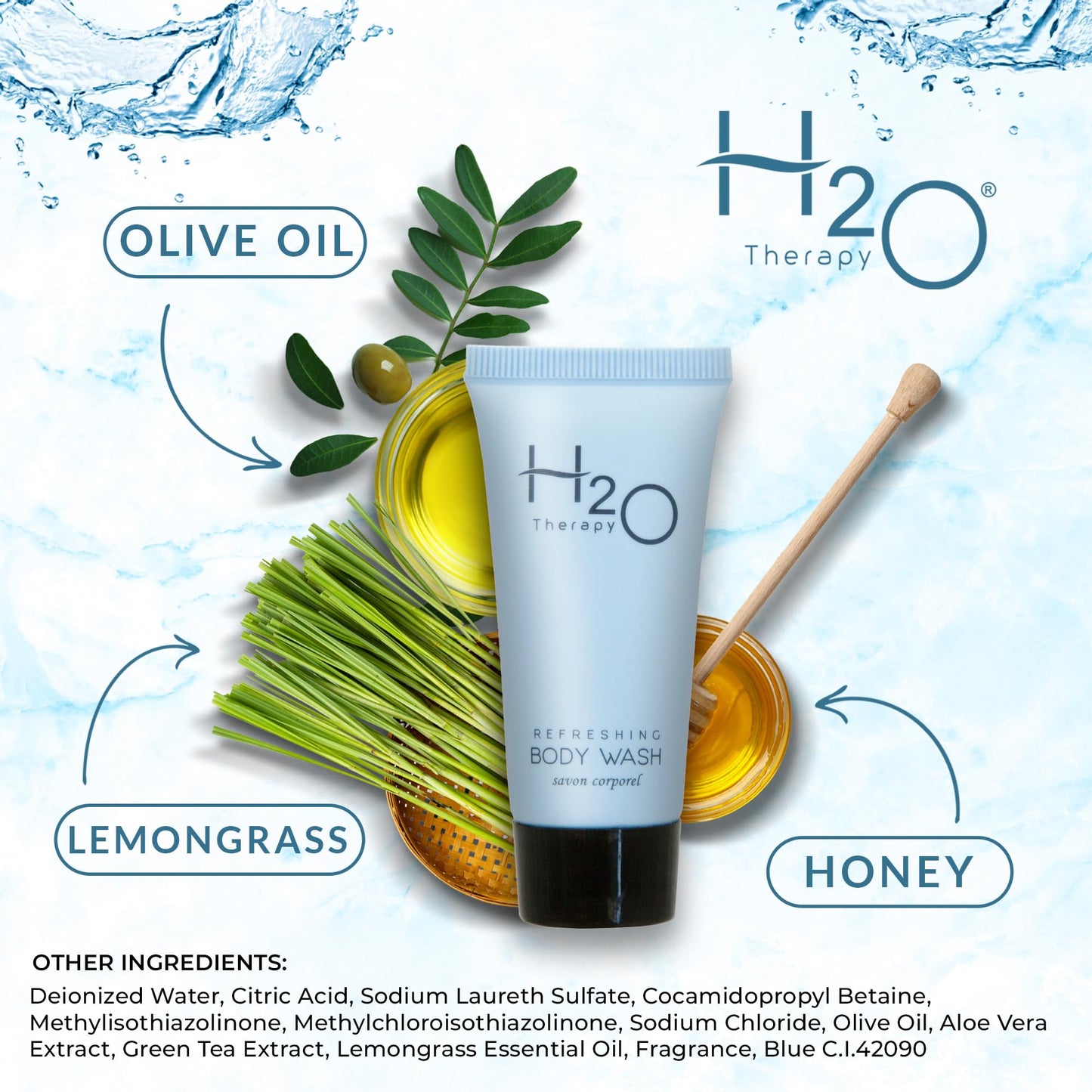 H2O Therapy Body Wash Soap, Travel Size Hotel Hospitality, 0.85 oz (Case of 20)