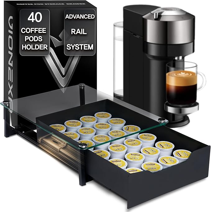 Coffee Pod Holder with Rail Drawer for Nespresso – 40 Pods Capacity for Nespresso Vertuoline & K-cups Capsule – Tempered Glass and Anti-Slip Base Metal Coffee Pods Organizer 16.14x11.81x3.94